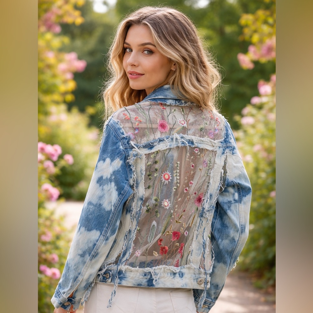Y2K Canyon River Blues Embroidered Sheer-Panel Tie-Dye Denim Jacket oversized